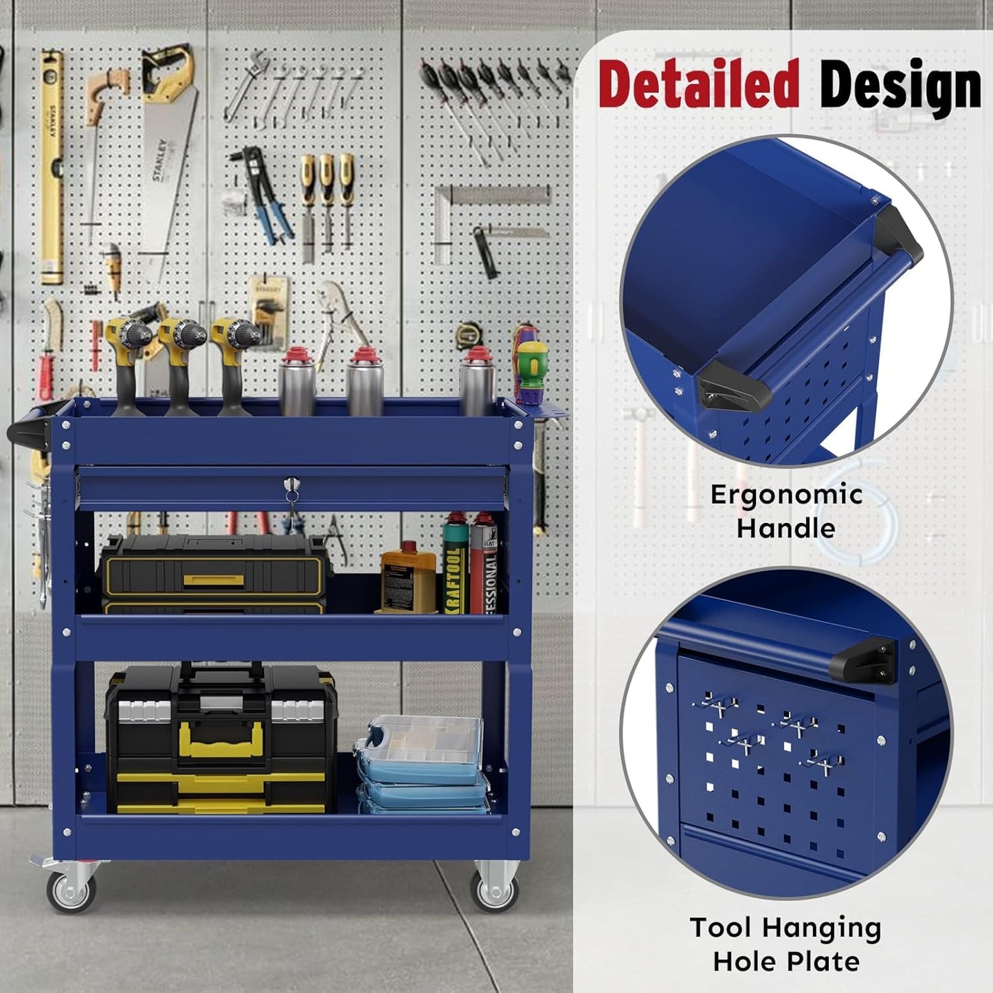 3 Tier Rolling Tool Cart, Heavy Duty Tool Cart on Wheels, Metal Utility Cart with Locked Drawers, Ideal for Garage, Warehouse and Repair Shop (Dark Blue)