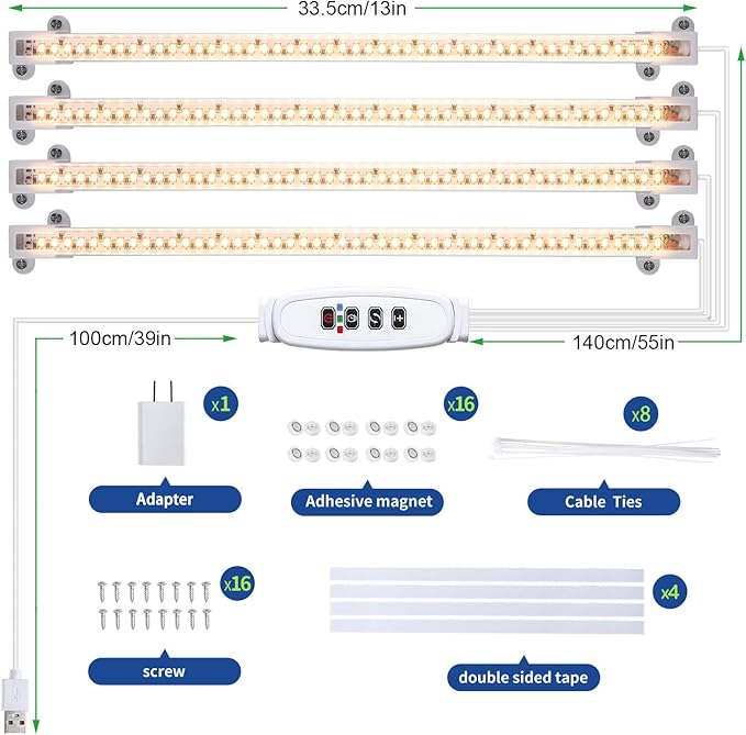 LED Plant Growing lamp, 3500K Full Spectrum Grow Light Strips for Indoor Plants with 3/9/12H Timer & 10 Dimmable Levels, Led Growth Light for Green House Hydroponics Succulent 13In 4Head