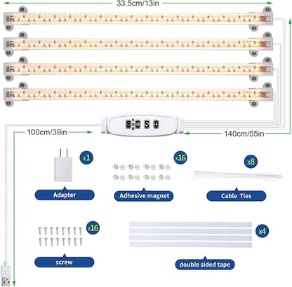LED Plant Growing lamp, 3500K Full Spectrum Grow Light Strips for Indoor Plants with 3/9/12H Timer & 10 Dimmable Levels, Led Growth Light for Green House Hydroponics Succulent 13In 4Head