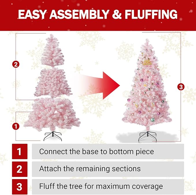 6FT Pink Artificial Christmas Tree with 1000 Realistic Branch, Flocked Full Xmas Tree with Foldable Stand, Easy Assembly Hinged Pine Tree for Home, Shop, Office, Party Holiday Decoration