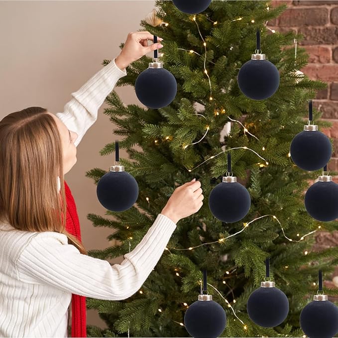 12 Pcs Velvet Christmas Balls Bulk Shatterproof Plastic Christmas Tree Decorations for Decorative Hanging Baubles (12, Black, 2.36Inch)