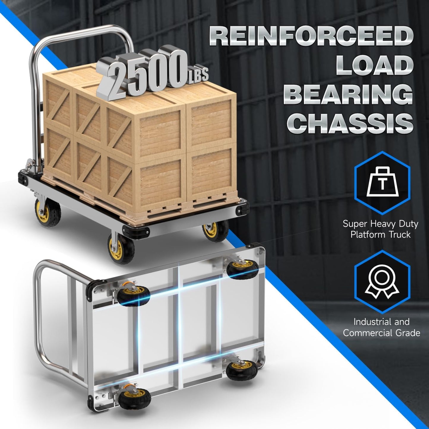 Extra Large Platform Truck Cart, 44 x 28 Heavy Duty Push Cart Dolly 2500 LBS Capacity, Flat Cart with Non-Slip Mat and 6" Swivel Brake Wheels