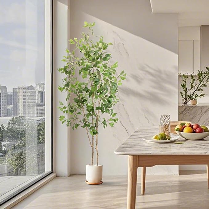 Artificial Fake Ficus Tree 7FT Tall 1Pack with White Planter & Free Moss, Artificial Plants Indoor, Artificial Trees for Home Decor Indoor, Faux Ficus Tree