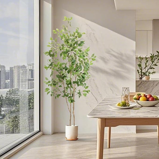 Artificial Fake Ficus Tree 7FT Tall 1Pack with White Planter & Free Moss, Artificial Plants Indoor, Artificial Trees for Home Decor Indoor, Faux Ficus Tree