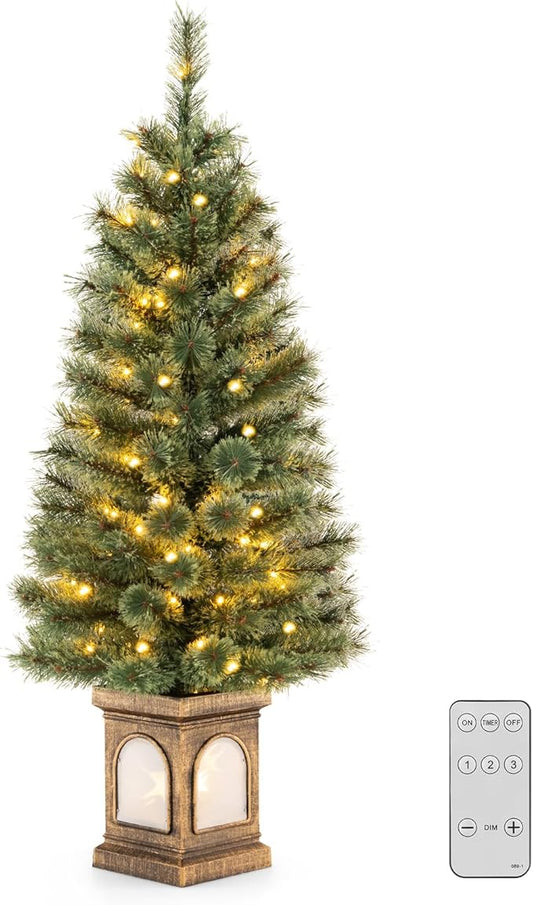 HAPPYGRILL 4 FT Pre-Lit Artificial Xmas Tree with Pine Needles, Christmas Entrance Tree with 116 Branch Tips, 100 LED Lights & Cement-Filled Base, Remote Control