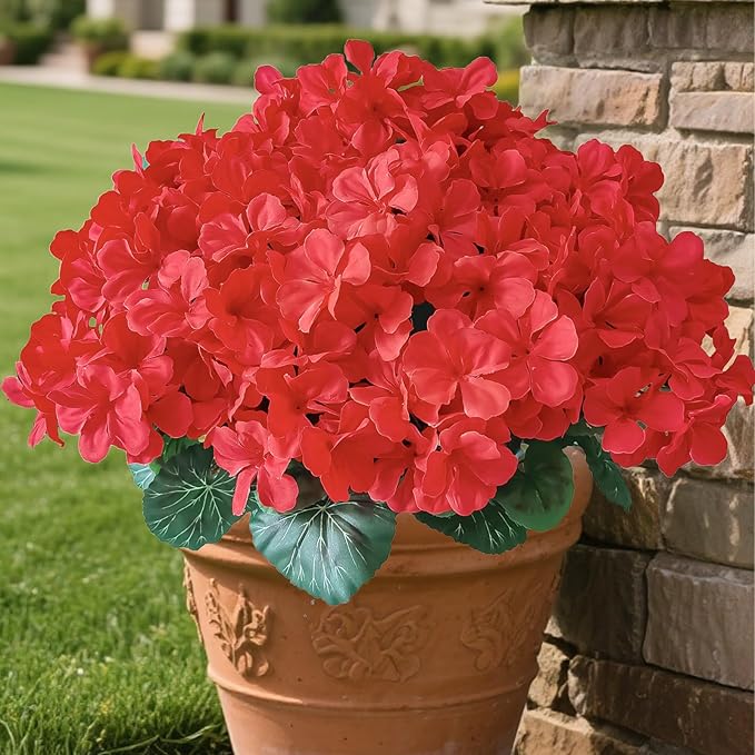 Outdoor UV-Resistant Red Silk Geranium Flowers (6 Bundles) - Realistic Artificial Faux Geranium Plants for Planter, Front Door, Porch, Yard, Patio, Window Box & Home Decor