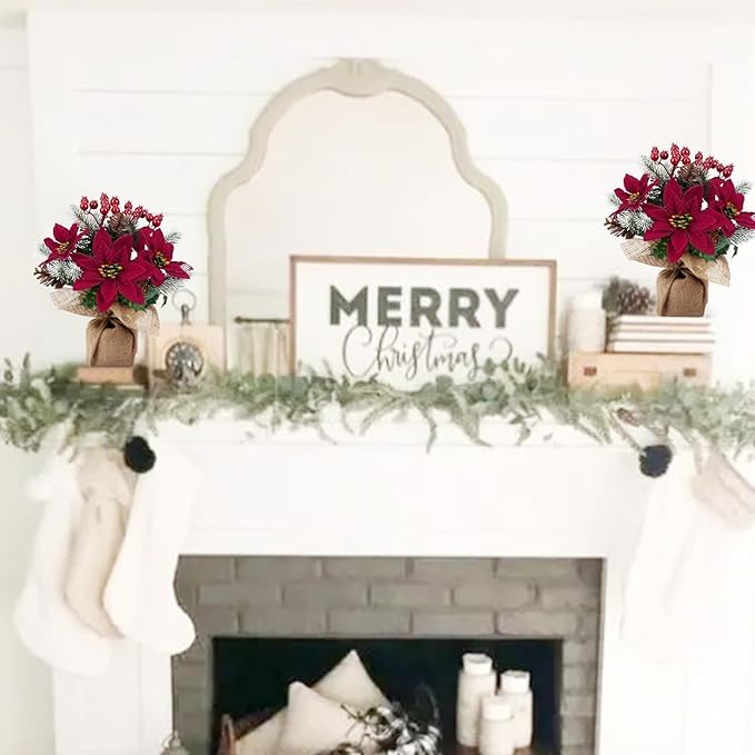 HUAESIN 2PCS Artificial Poinsettias Potted 11" Christmas Plants Fake Mini Christmas Tree with Berries Pinecone Table Centerpieces Indoor Xmas Decorations for Tables Kitchen Office Desk Home