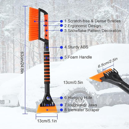 24.8" Car Scraper Snow Brush, Silicon Ice Scrapers for Car Windshield, Squeegee for Ice Water Removal, Detachable Snow Removal Tool with Ergonomic Foam Grip, Winter Car Accessories