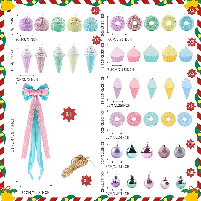 Christmas Tree Decorations Set,Christmas Ball Ornaments Glittering Plastic Hanging Decorations Elf Balls,Large Tree Topper Wreath Bow,Candy Peppermint Wood Ornaments (Macron)