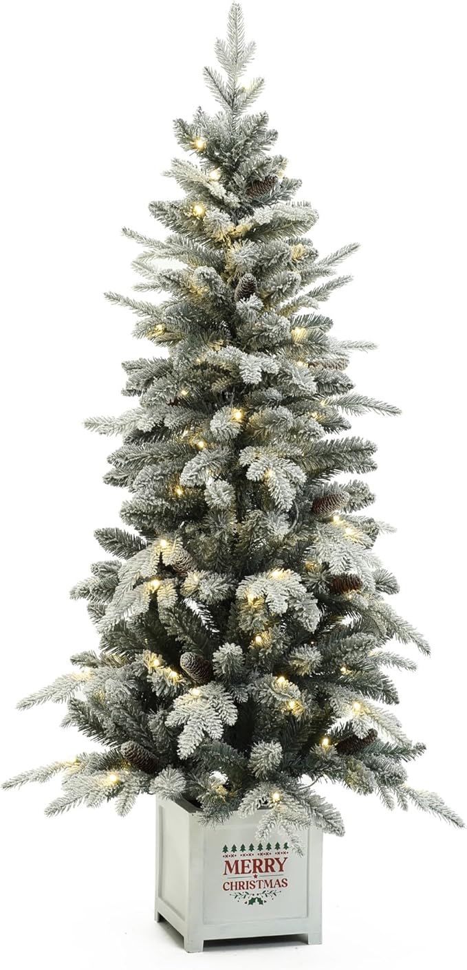 LuxenHome 5FT Potted Flocked Christmas Tree, Small Christmas Tree Prelit with 100 Warm LED Lights and Pine Cones, Lighted Pencil Artificial Christmas Trees with Square Planter Pot for Indoor, Outdoor