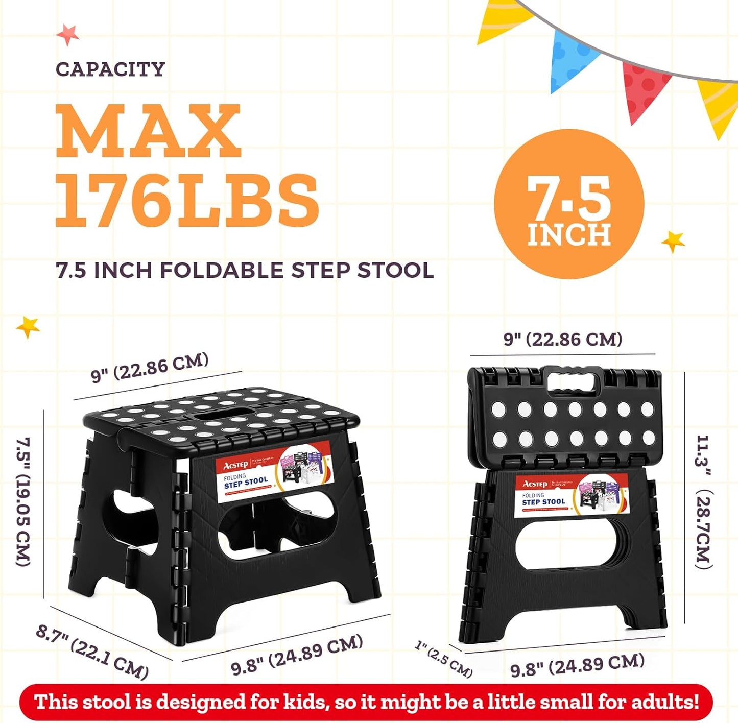 ACSTEP 7.5 Inch Folding Step Stool Foldable Stool Height Kids Step Stool, 176 lb Capacity Plastic Collapsible Stool, Black Small Stepping Stools, Foot Stools Suitable for Kitchen