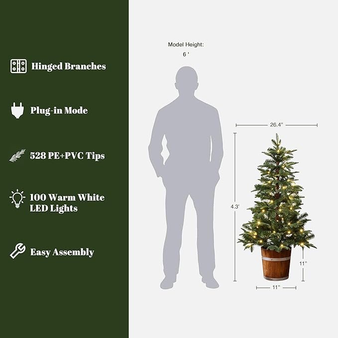 LuxenHome 4FT Small Christmas Tree, Prelit Slim Potted Christmas Trees with 100 Warm White LED Lights, Realistic Fir Tree with Rustic Wood Barrel Planter for Entrance, Hallway Holiday Decorations