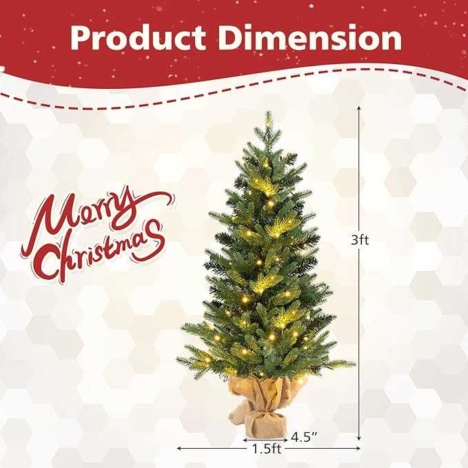 GOFLAME 3FT Pre-Lit Artificial Mini Christmas Tree, Small Tabletop Xmas Fir Tree with 363 Branch Tips, 50 Warm White LED Lights, Timer, Holiday Decoration Tree with Burlap Base