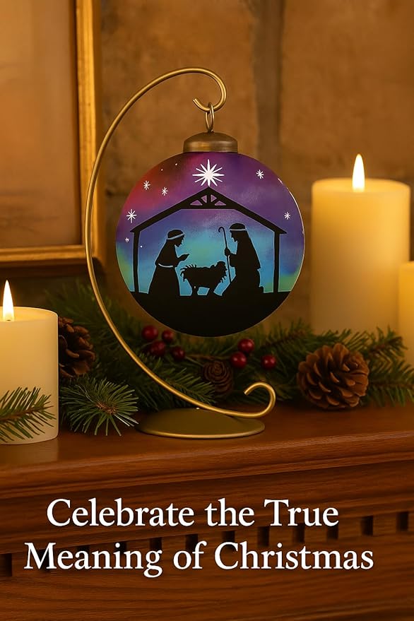 Starlight Nativity Ornament–Hand-Painted Glass Nativity Scene Christmas Ornament, Religious Christian Holy Family Ornament, Catholic, Manger Baby Jesus for Christian Holiday Décor