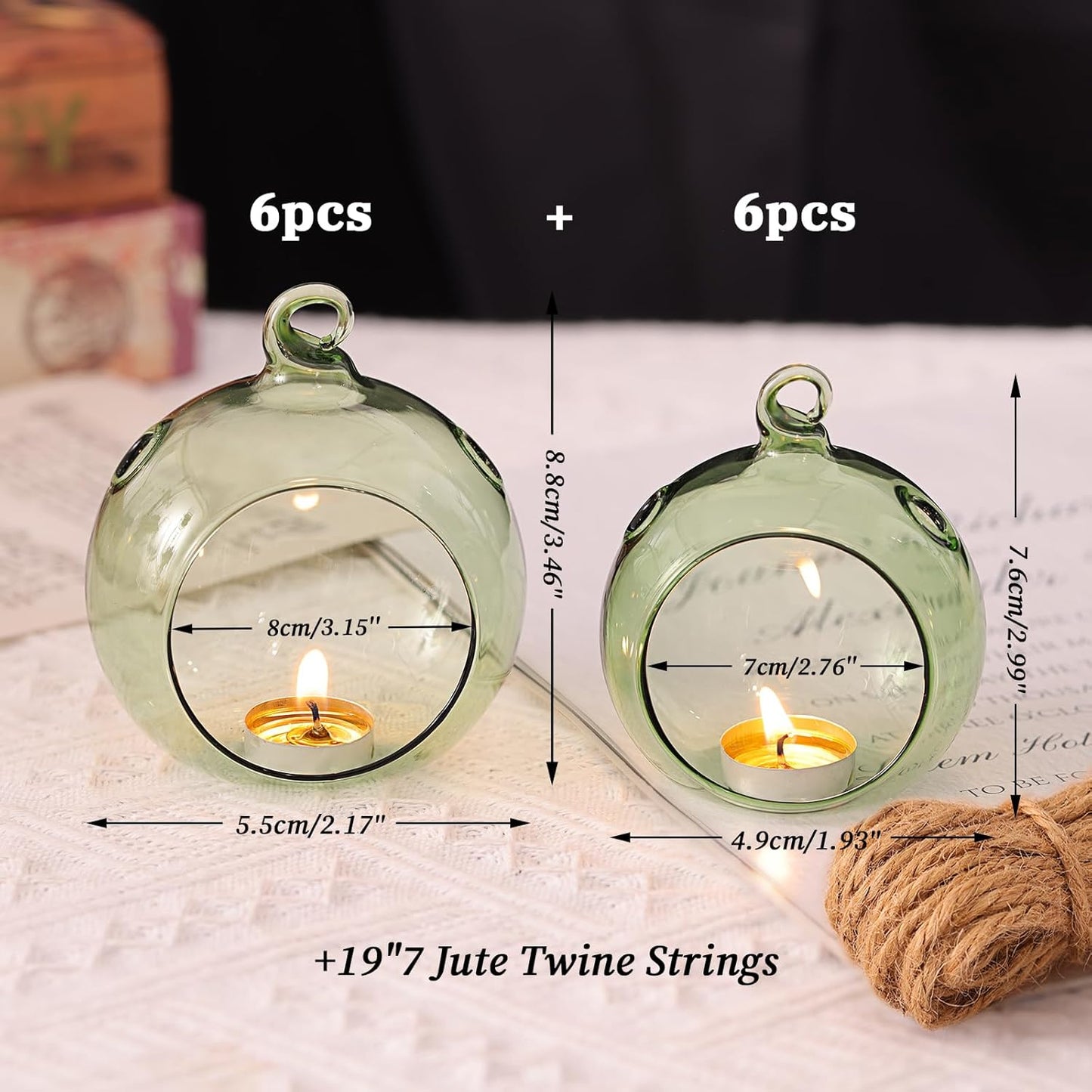 LETINE 12pcs Green Glass Orb Set, 2.17" & 1.93" Spheres for Air Plant Terrarium, Tea Light & Votive Candle Holders - Ideal for Wedding Centerpieces, Christmas Table Decorations, Rehearsal Dinner