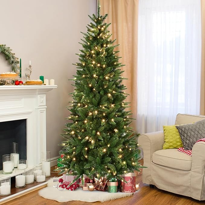 4ft Pre-Lit Artificial Pencil Green Christmas Tree with Warm White 150 LED Lights, Hinged Realistic Slim Xmas Tree w/Sturdy Metal Stand, 424 Tips for Home, Office, Party Decoration Indoor