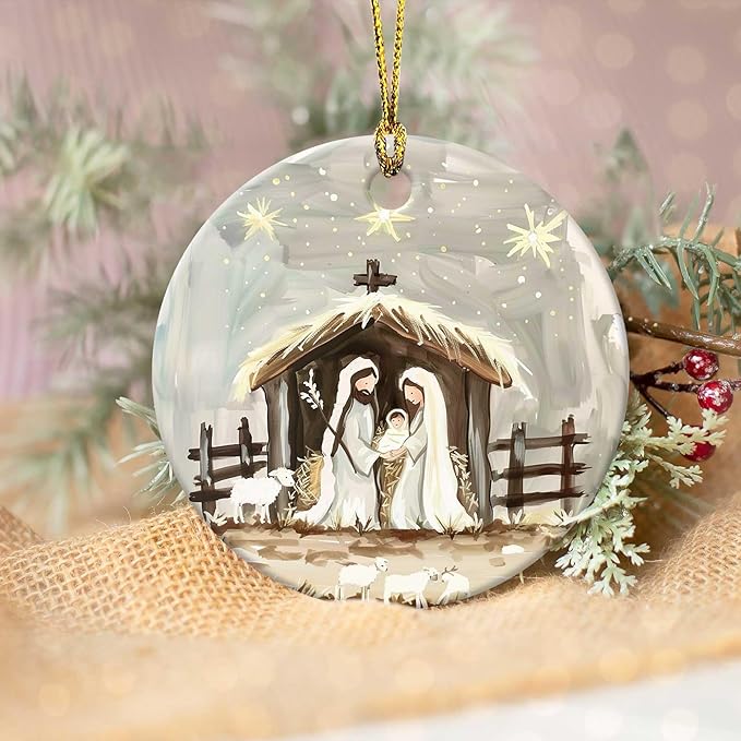 Nativity Night Ornaments Round Nativity Scene Ceramic Stained Glass Style Birth of Jesus Christ Hanging Ornament Christmas Keepsake Decor for Xmas Tree Winter Holiday Xmas Gift for Women Men 3"