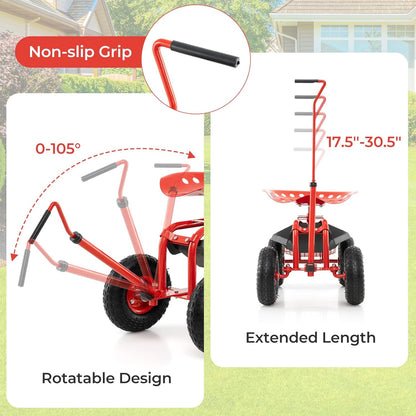 Rolling Garden Seat, Garden Stool with Wheels, Extendable Handle, Storage Basket & Tool Tray, Garden Scooter with 360 Degree Swivel Seat for Outdoor, Garden & Yard (Red)