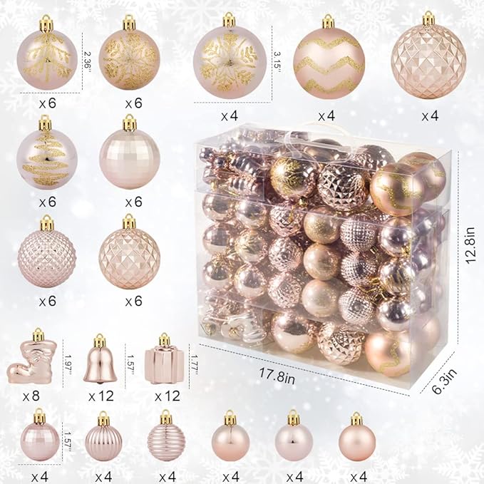 Rose Gold Christmas Ball Ornaments - 116Pc Shatterproof Hanging Decoration Set with Gift Box, Assorted Baubles for Xmas Tree/Home/Wedding/Party/Holiday
