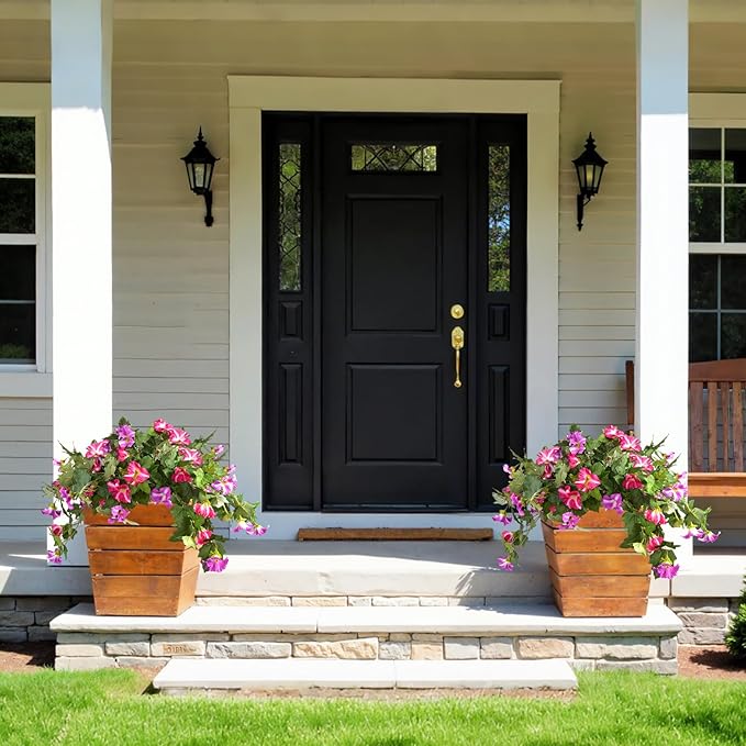 Artificial Morning Glory Fake Flowers for Outdoor Planter Decoration, 2 Pcs Petunias Realistic UV Resistant Faux Silk Flowers for Garden Balcony Porch Indoor Decor (Fuchsia)