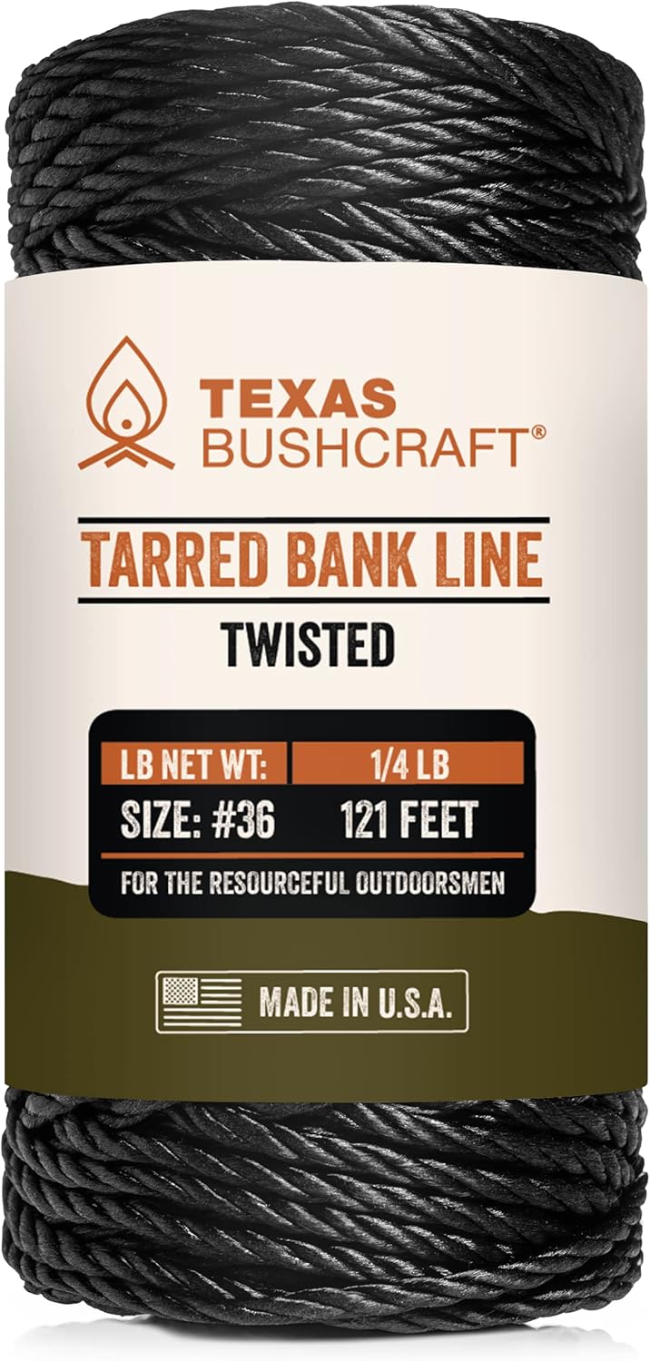 Texas Bushcraft Tarred Bank Line Twine - #36 Black Nylon String for Fishing, Camping and Outdoor Survival – Strong, Weather Resistant Bankline Cordage for Trotline