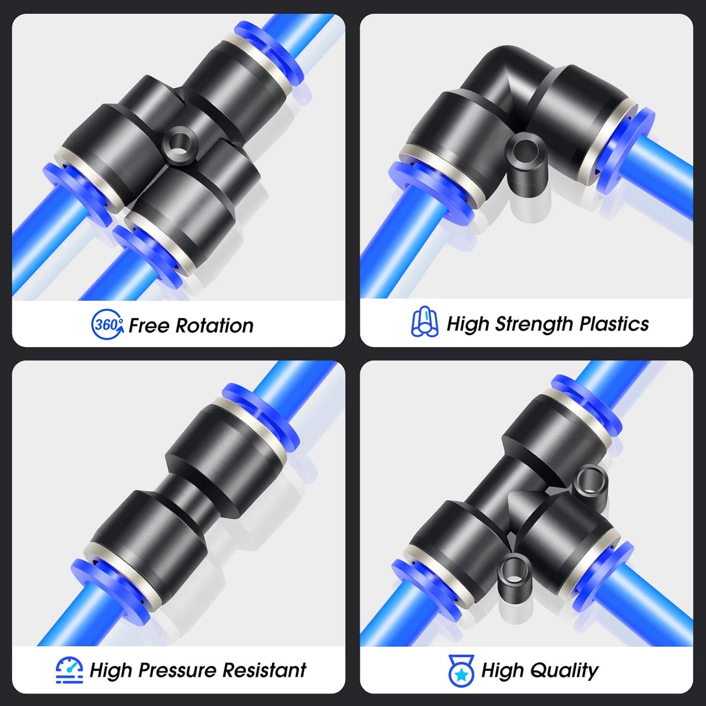 TAILONZ PNEUMATIC 14mm od Push to Connect Fittings Pneumatic Fittings Kit 2 Spliters+2 Elbows+2 tee+2 Straight (8 pcs)