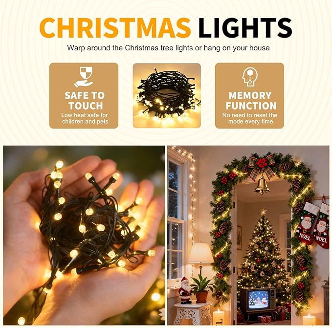 300 LED Christmas Lights 98 ft Christmas Tree Lights 8 Modes Plug-in with Memory Function Green String Light for Bedroom Xmas Tree Wreath Patio Party Spring Outdoor Decorations