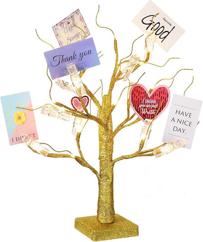 Mudder Money Holder Tree Present Card Holder with 12 Clear Clips LED Birch Twig Lights Tabletop Display Tree for Christmas, Valentines, Memo, Photo, Wedding(Vivid Style,Gold, Warm White)