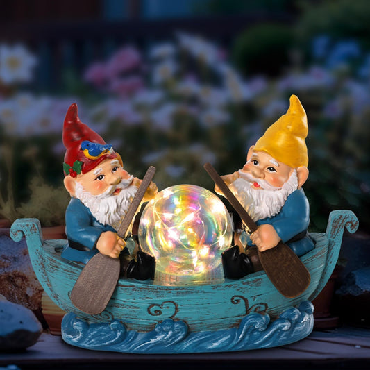 Solar Gnome Boating Garden Statues with Ball Light 4.6" Resin Gnomes Figurines Decorations for Yard Patio Lawm Porch Balcony Funny Housewarming Birthday Gardening Gifts for Women Moms