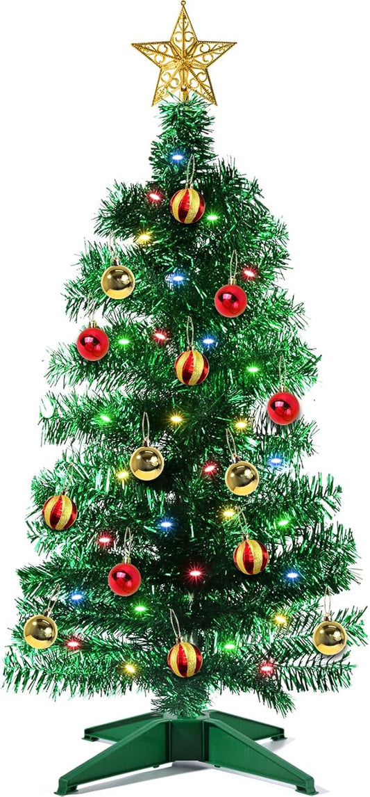 3 Ft Green Christmas Tree with 12 Modes Timer 50 LED Four Color & Lights DIY 15 Ball Ornaments 3D Star Artificial Xmas Tree for Indoor Home Holiday Party Decoration