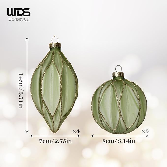 WDS WONDROUS Christmas Ball Ornaments, Vintage Ball & Teardrop Xmas Tree Ornament Set, Hanging Assorted Glass Balls for Holiday Home Party Decor (9Pcs, Sage Green & Gold Line)