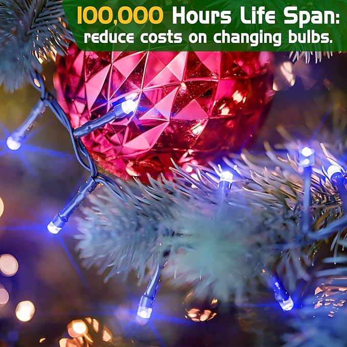 XURISEN Christmas Lights Outdoor 197FT 500 LED Green Wire String Lights 8 Modes with Timer Memory Waterproof Fairy Light Plug in for Xmas Tree Wedding Yard Party Holiday Decorations(Blue+White)