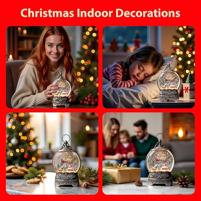 Christmas Snow Globe Lantern with Santa Claus is Coming in his Sleigh!Lighted Swirling Glittering Snow Globes with Music & Timer, Christmas Decorations for Home Tabletop Indoor Gifts