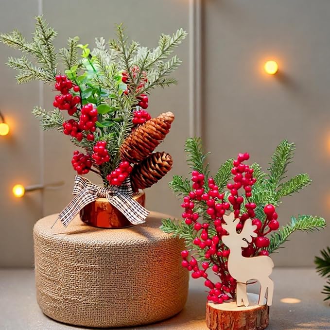 2-Pack Pre-Decorated Mini Christmas Trees: Artificial Tabletop Trees w/Pine Cone & Berry Ornaments - Home, Party, Indoor/Outdoor Holiday Decor
