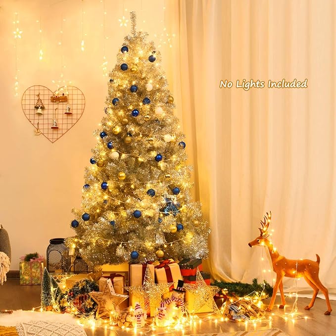 Happygrill 7.5 FT Christmas Tree Silver Tinsel Xmas Tree with 1258 Branch Tips Metal Stand, Artificial Hinged Christmas Tree for Indoor and Outdoor Holiday Decoration