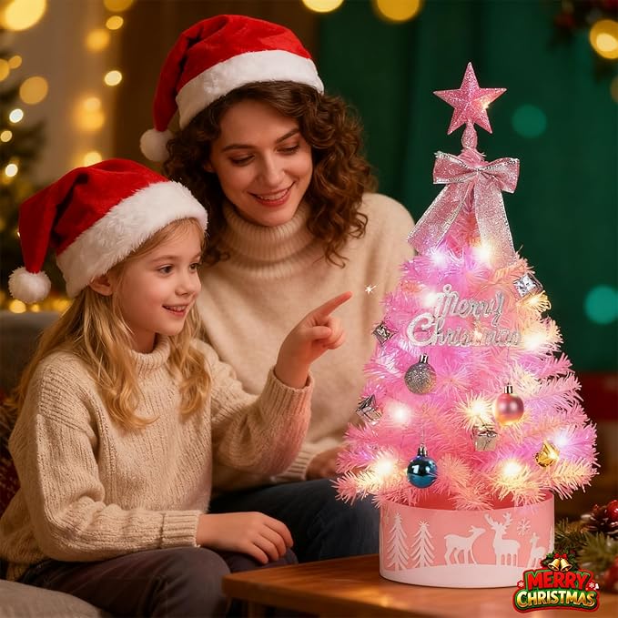 2FT Pre-lit Small Christmas Tree with Lights, Pink Small Christmas Tree with Balls & Star Topper, 3 Lighting Modes Tabletop Xmas Trees for Home, Office, Indoor Decor (Battery Not Included)