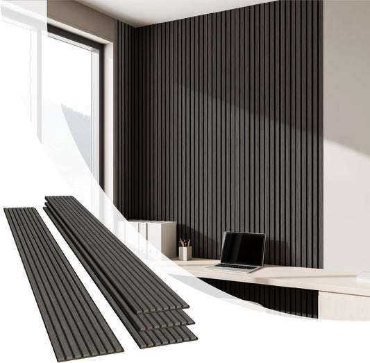 Olanglab Wood Slat Wall Panels 4 Pack, Wooden Acoustic Wall Panels, 94.5"x12.6" Each 3D Wall Panels for Interior Wall Decor (Black-Extendo Trio)