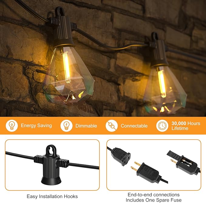 50FT Outdoor String Lights LED Patio Lights String with 25Pcs Shatterproof Diamond Bulbs IP65 Waterproof Heavy Duty LED Porch String Lights for Outside Porch Yard Garden Party Bistro