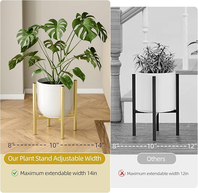 Adjustable Metal Plant Stand Indoor, Mid Century Modern Outdoor Planter Holder for 8 to 14 Inch Pots, Heavy Duty 160 LB Load, Corner Floor Stand for Home Garden Decor Golden