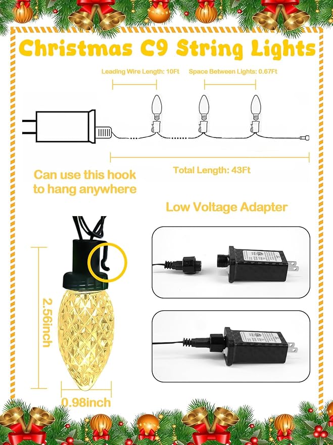 2-Pack C9 Christmas String Lights Plug in, 66 FT 100 LED Christmas Lights Connectable with 8 Modes & Timer, Waterproof Fairy Twinkle Light Indoor Outdoor for Xmas Tree Yard Decorations (Warm White)