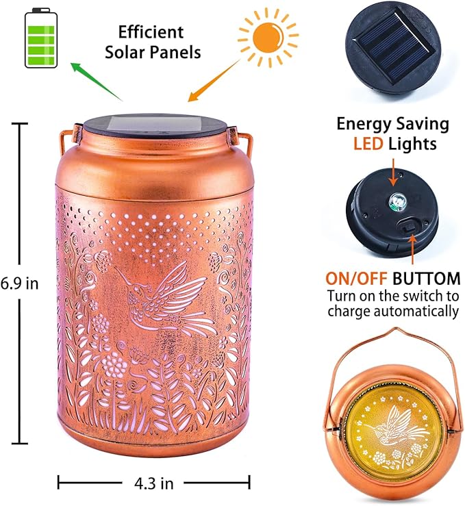 Hummingbird Solar Lanterns Outdoor Hanging Waterproof Solar Lights Hummingbird Gifts for Women Men Metal Bird Decorative LED Lanterns for Outside, Patio, Landscape, Yard Decor, Garden Decorations