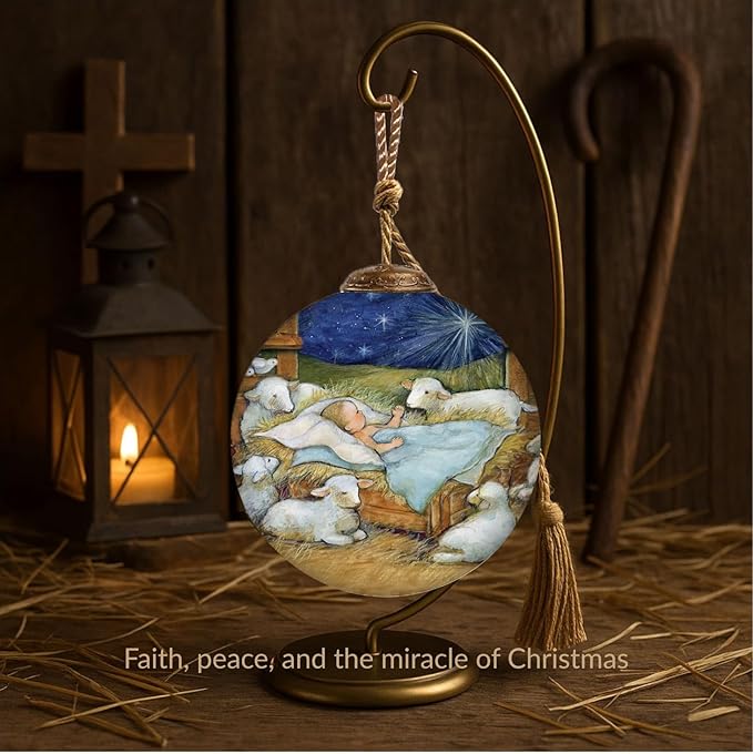 Baby Jesus with Lambs Nativity Ornament–Hand-Painted Glass Holy Family Christmas Ornament – Manger Scene with Sheep – Religious Christian Ornament – Catholic Keepsake