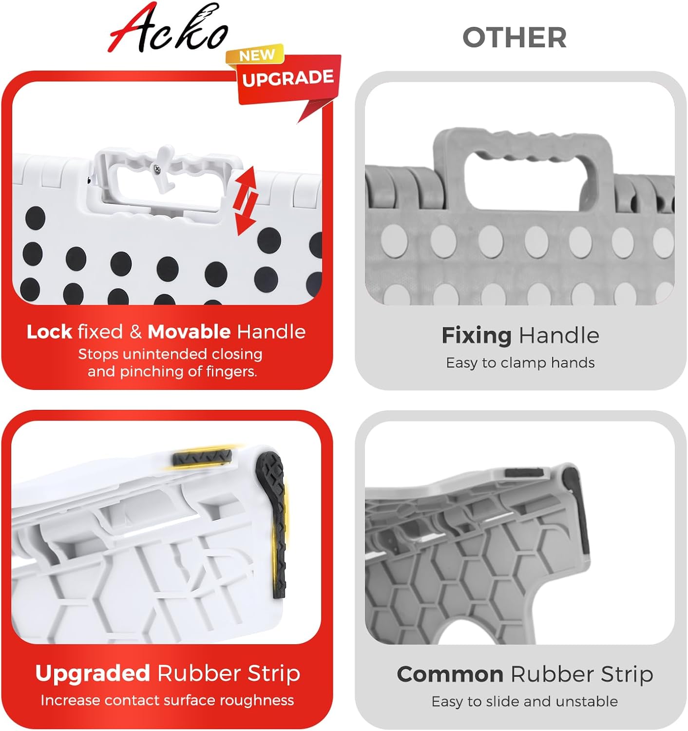 ACKO Folding Step Stool Foldable 16 Inch 400 lbs Capacity, Plastic Stools for Adults and Kids, Collapsible Stools for Kitchen, Stepping Stool with Handle (White)