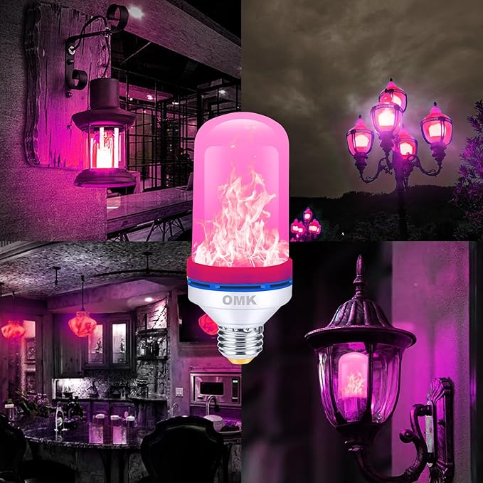 OMK Upgraded Pink LED Flame Light Bulb - Flickering E26 Base With Gravity Sensing for Indoor Outdoor Use, Holiday Christmas Vintage Flame Decorations
