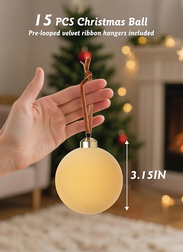 Brightown 15 Pcs Beige Velvet Christmas Balls, 3.15 Inch Velvet Ornaments for Christmas Tree, Christma Tree Flocked Ornaments Balls for Family Holiday Wedding Party Xmas Hanging Decoration