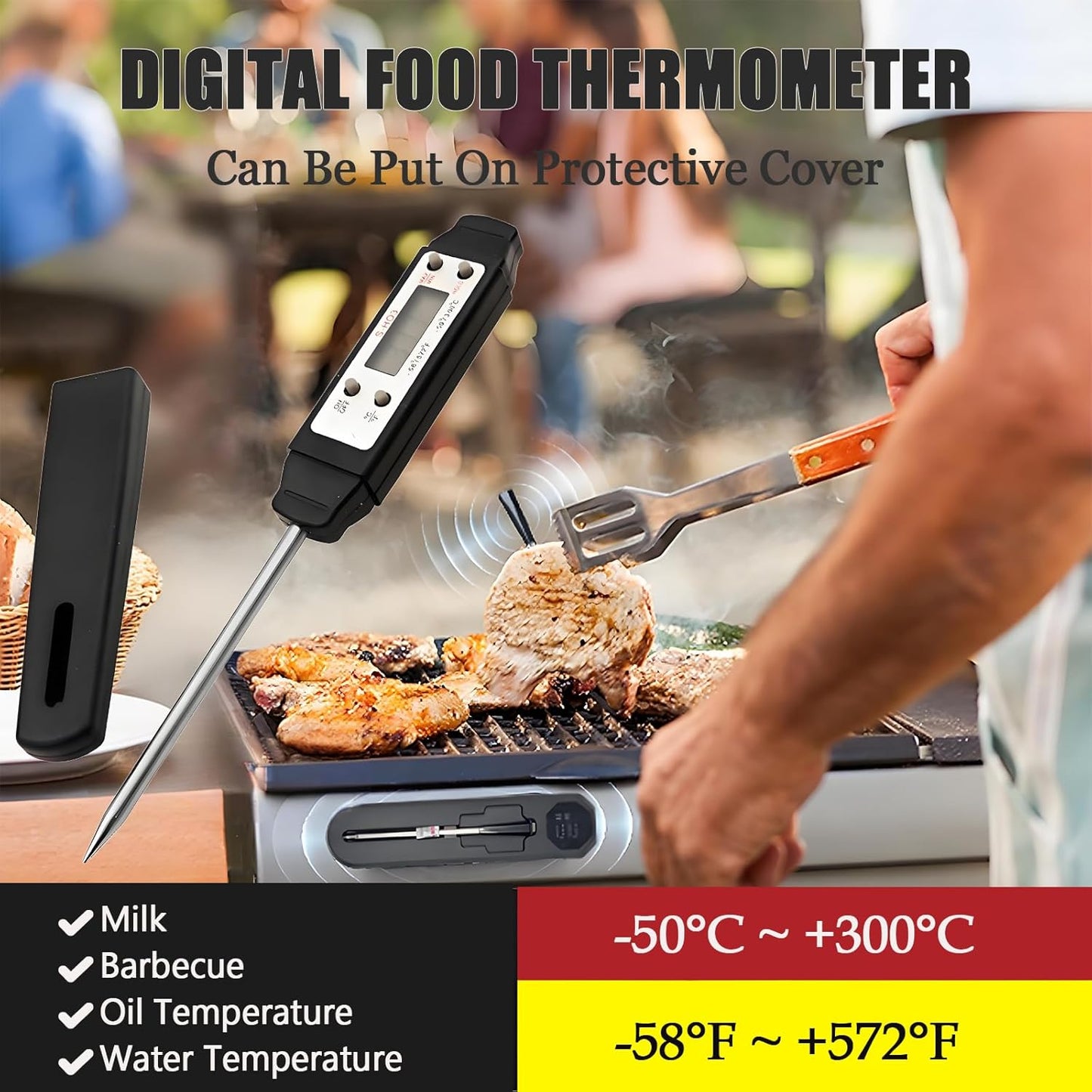 Meat Thermometer - Digital Food Thermometer for Cooking Kitchen - Automatic Calibration Pen Style Electronic Pocket Thermometer for Water Temperature, Barbecue (Black)