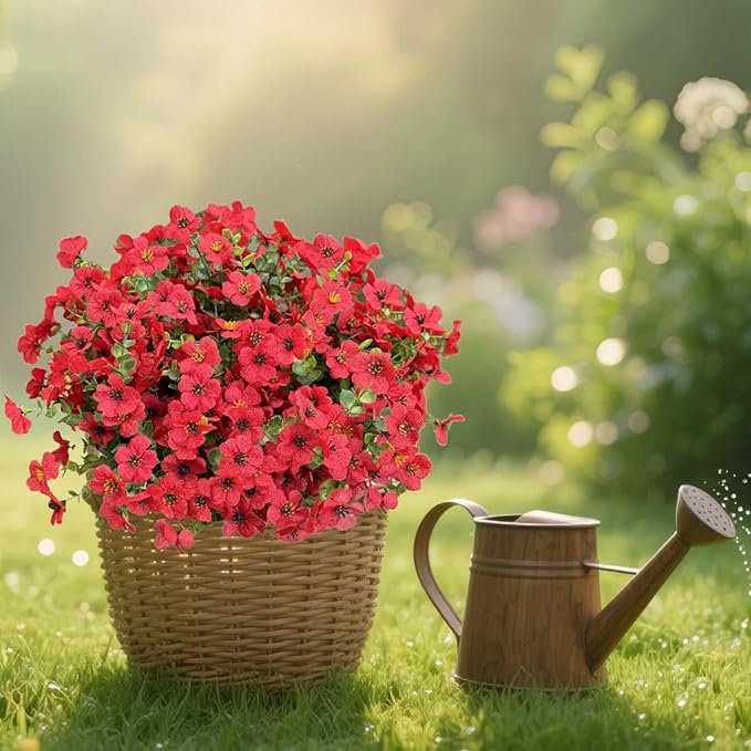 Artificial Flowers Outdoors UV Resistant Fake Plants, 12 Bundles Silk Daisy in Pots for Porch Patio Garden, Faux Potted Home Decor for Outside (Red)