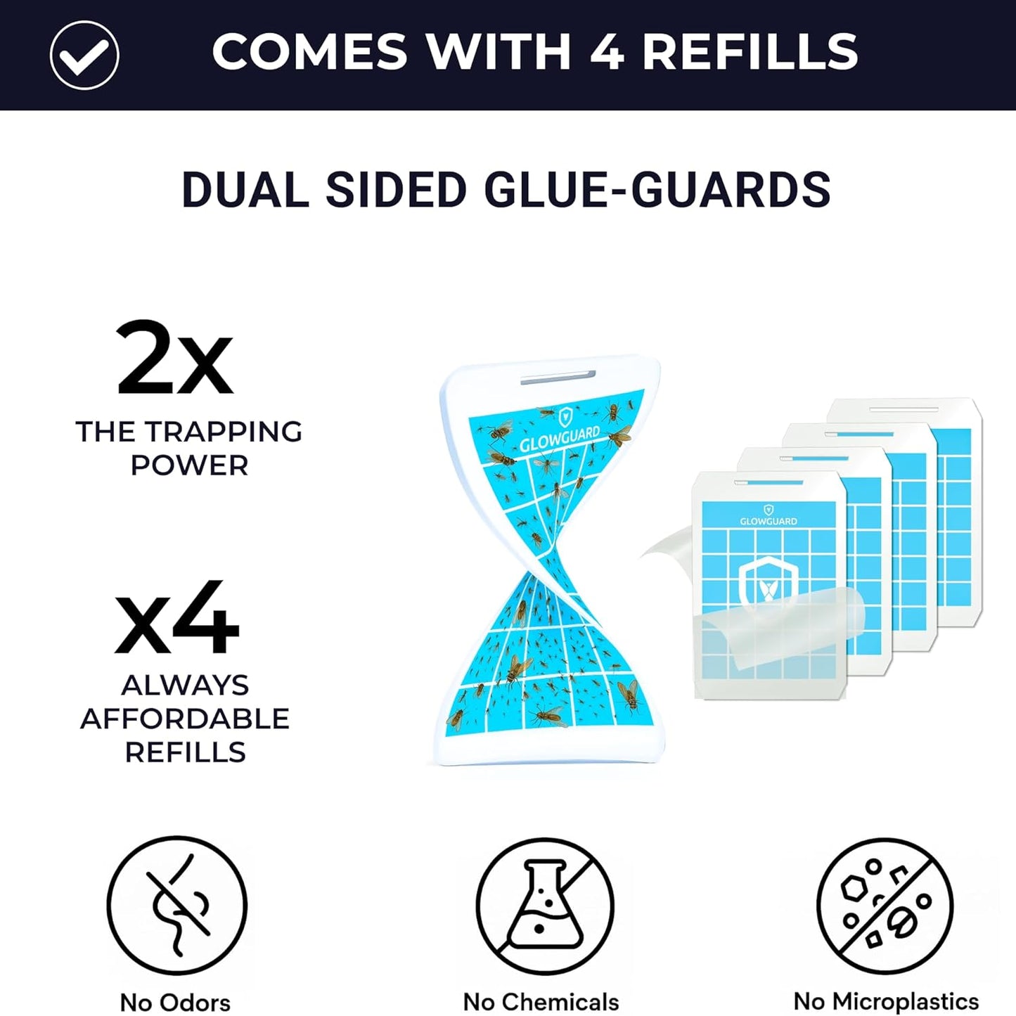 GlowGuard Cordless Flying Insect Trap Catches Fruit Flies, Indoor Gnat Killer, Magnet for Moths & Mosquitos in Dark, 1 Rechargeable Trap + 4 Dual-Sided Sticky Pad Refills, 30Hr 5000mAh Battery (Black)