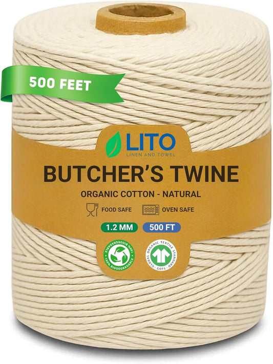 Organic Butcher’s Twine for Cooking & Trussing – 1.2mm Heavy-Duty Natural Cotton Kitchen Twine 500 Feet – Food-Safe, Oven-Safe String for Meat, Turkey, Baking, & Crafts