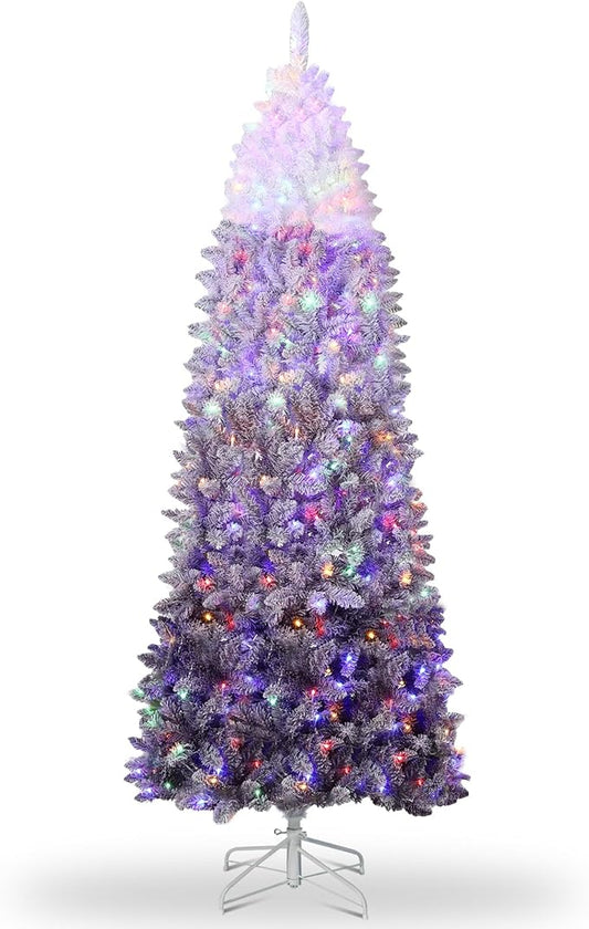 GAOMON 6Ft Snow Flocked Pencil Christmas Tree, Slim Artificial Christmas Tree with Sturdy Metal Stand, Skinny Xmas Tree Holiday Decoration for Home, Office, White & Purple Gradient